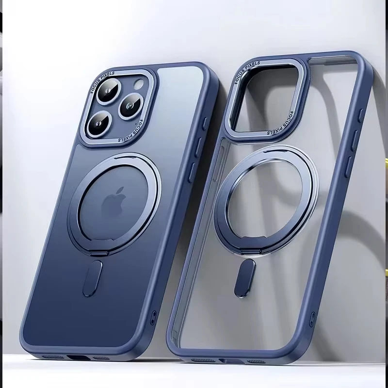 Phone Case For iphone 12 13 14 15 16 17 Pro Max Plus With Magnetic 360°Rotation Stand And Ring Holder Frosted Transparent Case Funda
