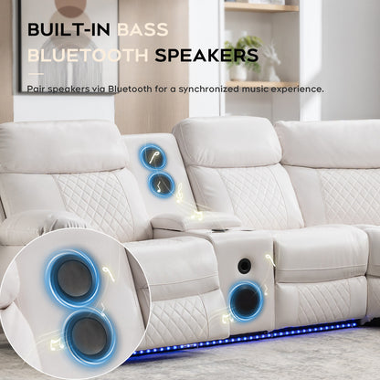 Living Room Power Recliner Couches with Bass Speaker, Leather L Shaped Reclining Sectional Sofa and Loveseat Seating Comfy Couch, LED Strip, USB Port, Home Theater Love Seat Sets