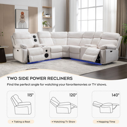 Living Room Power Recliner Couches with Bass Speaker, Leather L Shaped Reclining Sectional Sofa and Loveseat Seating Comfy Couch, LED Strip, USB Port, Home Theater Love Seat Sets