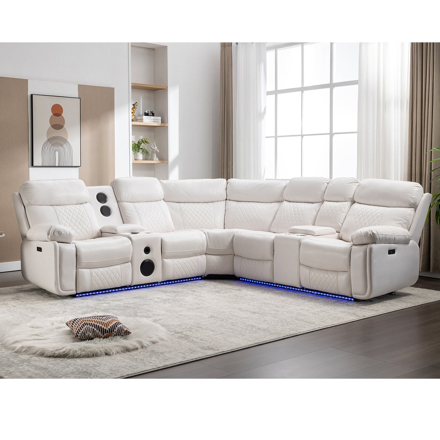 Living Room Power Recliner Couches with Bass Speaker, Leather L Shaped Reclining Sectional Sofa and Loveseat Seating Comfy Couch, LED Strip, USB Port, Home Theater Love Seat Sets