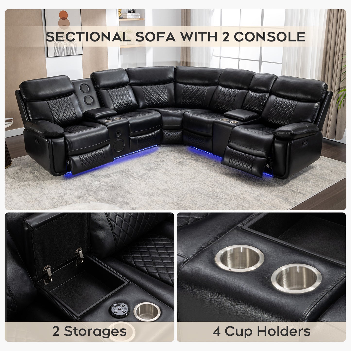 Living Room Power Recliner Couches with Bass Speaker, Leather L Shaped Reclining Sectional Sofa and Loveseat Seating Comfy Couch, LED Strip, USB Port, Home Theater Love Seat Sets