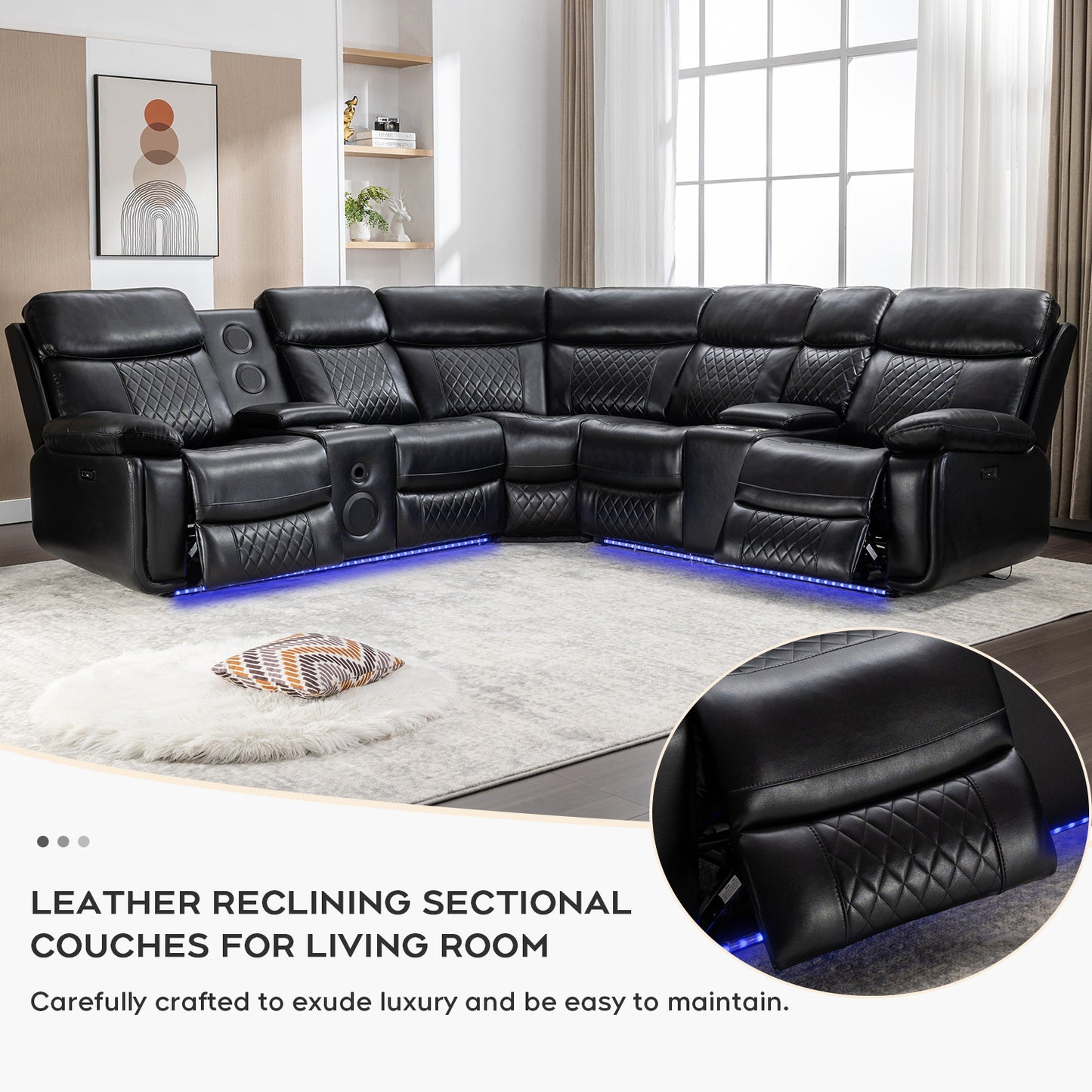 Living Room Power Recliner Couches with Bass Speaker, Leather L Shaped Reclining Sectional Sofa and Loveseat Seating Comfy Couch, LED Strip, USB Port, Home Theater Love Seat Sets