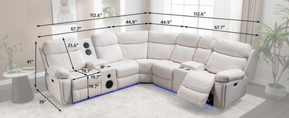 Living Room Power Recliner Couches with Bass Speaker, Leather L Shaped Reclining Sectional Sofa and Loveseat Seating Comfy Couch, LED Strip, USB Port, Home Theater Love Seat Sets