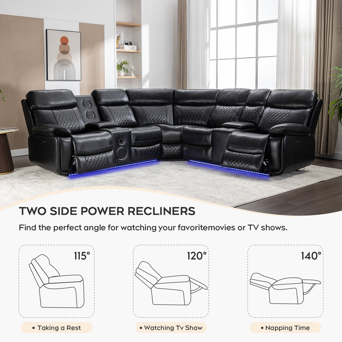 Living Room Power Recliner Couches with Bass Speaker, Leather L Shaped Reclining Sectional Sofa and Loveseat Seating Comfy Couch, LED Strip, USB Port, Home Theater Love Seat Sets