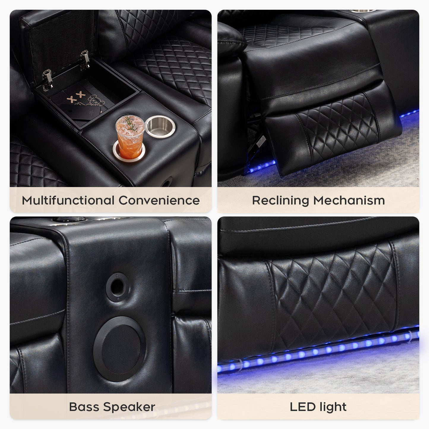 Living Room Power Recliner Couches with Bass Speaker, Leather L Shaped Reclining Sectional Sofa and Loveseat Seating Comfy Couch, LED Strip, USB Port, Home Theater Love Seat Sets