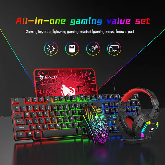 Gaming Headset Combos 4 In 1 English Gaming Wired RGB Keyboard Mouse Set With Mouse Pad and Headphones