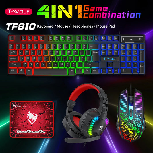 Gaming Headset Combos 4 In 1 English Gaming Wired RGB Keyboard Mouse Set With Mouse Pad and Headphones