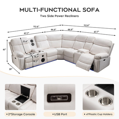 Living Room Power Recliner Couches with Bass Speaker, Leather L Shaped Reclining Sectional Sofa and Loveseat Seating Comfy Couch, LED Strip, USB Port, Home Theater Love Seat Sets