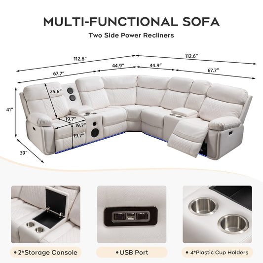 Living Room Power Recliner Couches with Bass Speaker, Leather L Shaped Reclining Sectional Sofa and Loveseat Seating Comfy Couch, LED Strip, USB Port, Home Theater Love Seat Sets