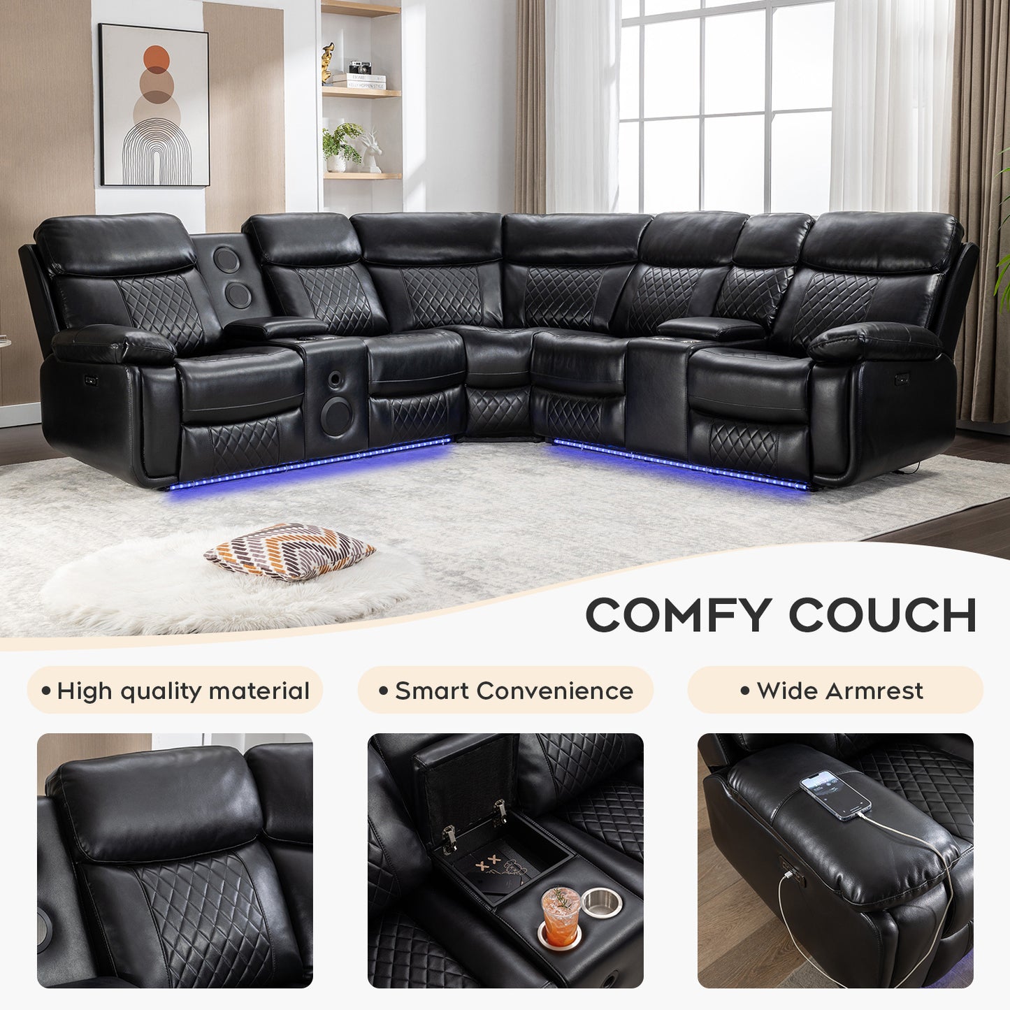 Living Room Power Recliner Couches with Bass Speaker, Leather L Shaped Reclining Sectional Sofa and Loveseat Seating Comfy Couch, LED Strip, USB Port, Home Theater Love Seat Sets