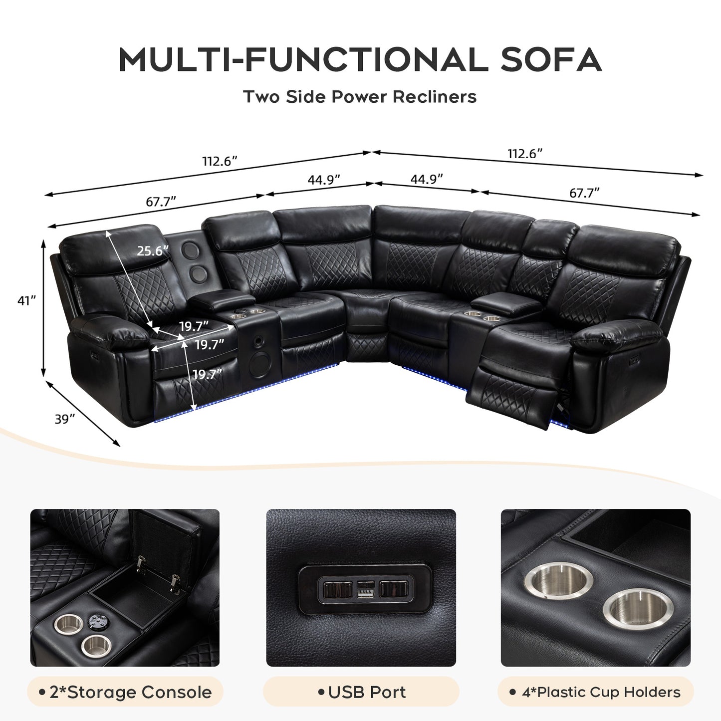 Living Room Power Recliner Couches with Bass Speaker, Leather L Shaped Reclining Sectional Sofa and Loveseat Seating Comfy Couch, LED Strip, USB Port, Home Theater Love Seat Sets