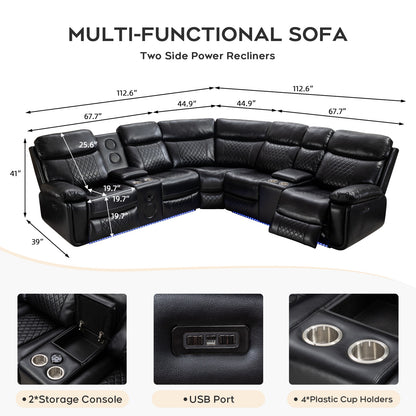 Living Room Power Recliner Couches with Bass Speaker, Leather L Shaped Reclining Sectional Sofa and Loveseat Seating Comfy Couch, LED Strip, USB Port, Home Theater Love Seat Sets