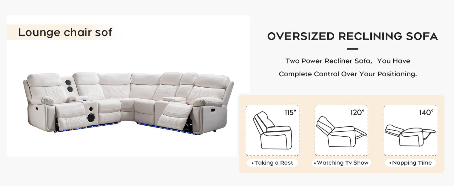 Living Room Power Recliner Couches with Bass Speaker, Leather L Shaped Reclining Sectional Sofa and Loveseat Seating Comfy Couch, LED Strip, USB Port, Home Theater Love Seat Sets
