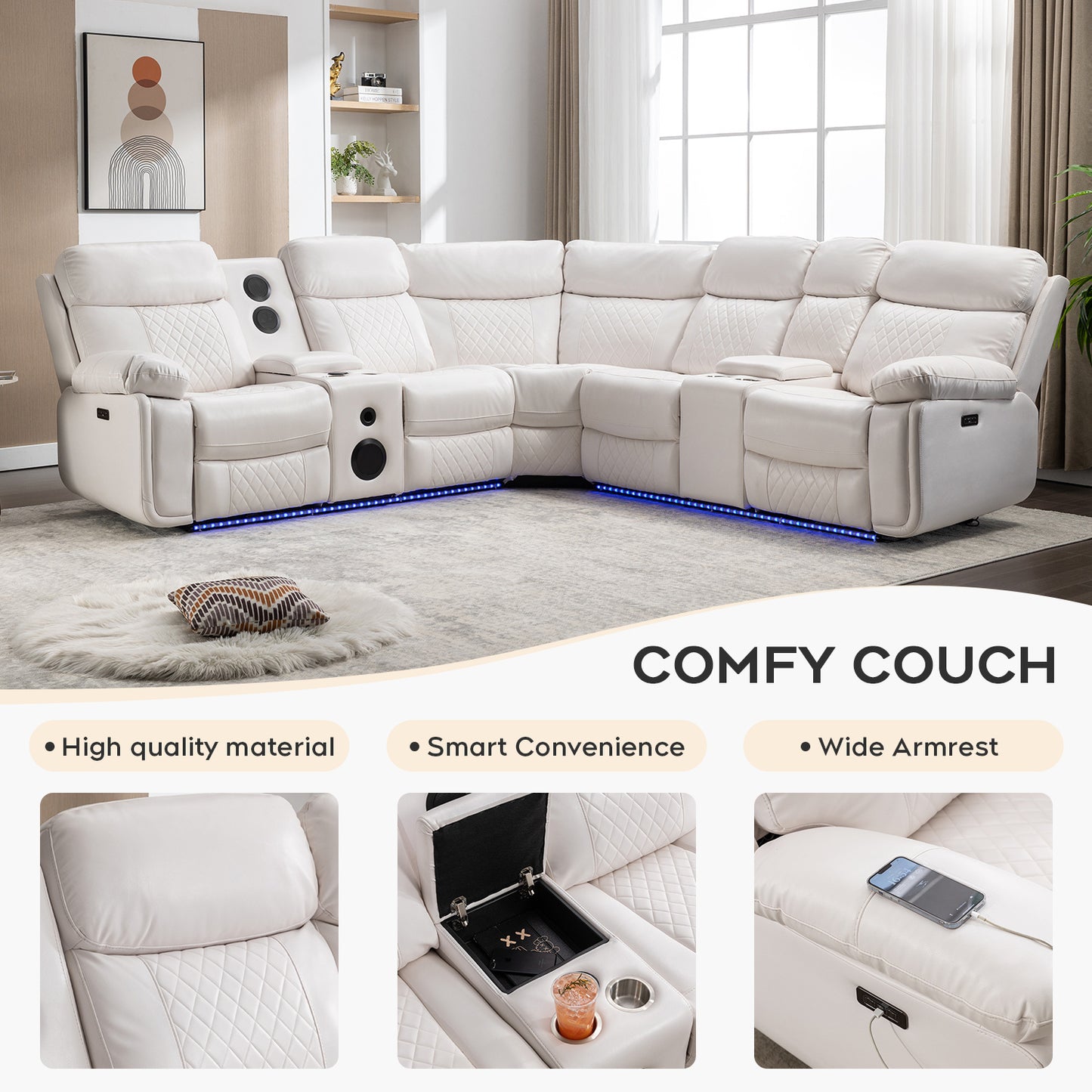 Living Room Power Recliner Couches with Bass Speaker, Leather L Shaped Reclining Sectional Sofa and Loveseat Seating Comfy Couch, LED Strip, USB Port, Home Theater Love Seat Sets