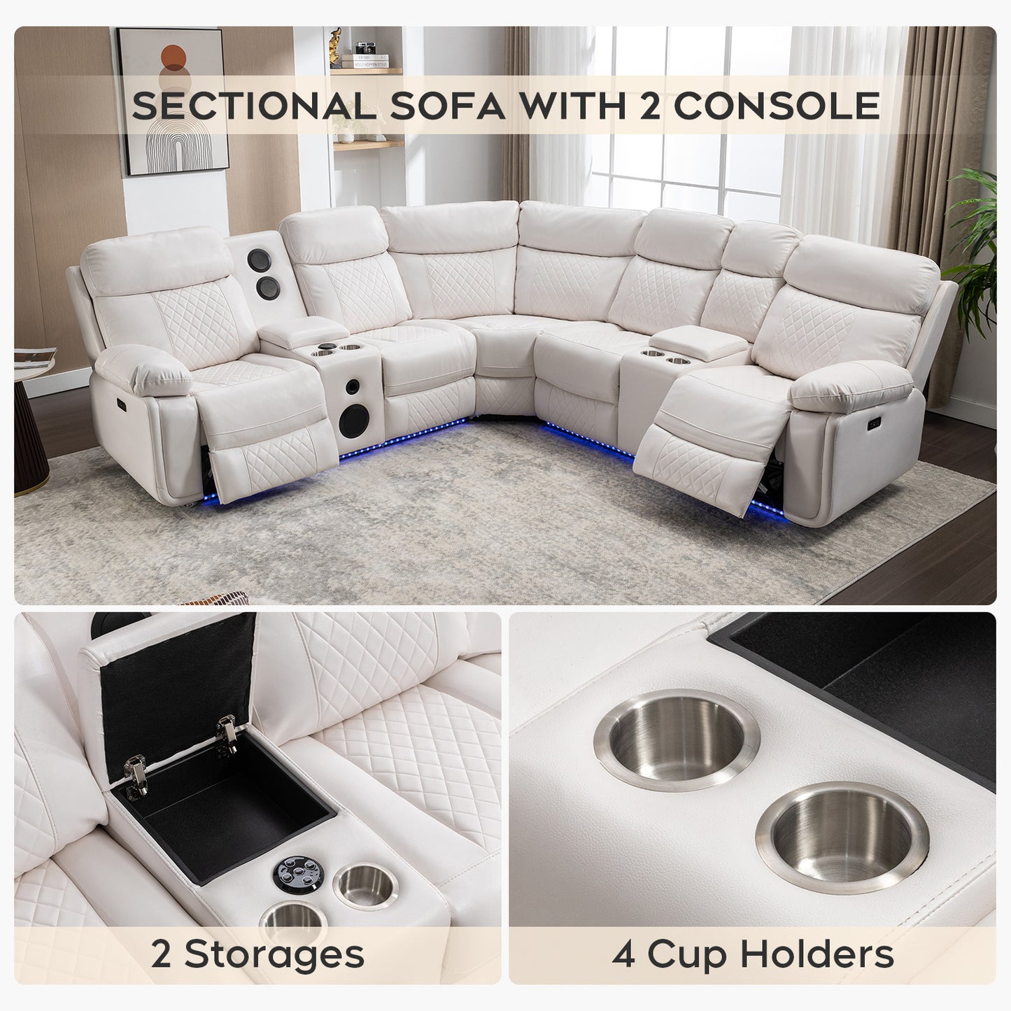 Living Room Power Recliner Couches with Bass Speaker, Leather L Shaped Reclining Sectional Sofa and Loveseat Seating Comfy Couch, LED Strip, USB Port, Home Theater Love Seat Sets