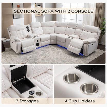 Living Room Power Recliner Couches with Bass Speaker, Leather L Shaped Reclining Sectional Sofa and Loveseat Seating Comfy Couch, LED Strip, USB Port, Home Theater Love Seat Sets